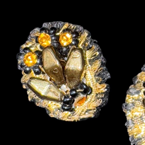 Vintage Clip-on Earrings Gold Tone Yellow Stones Filigree Thread - Picture 4 of 6